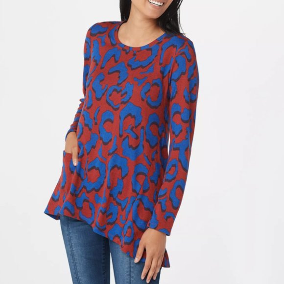 LOGO by Lori Goldstein Printed Tunic Top Size XL Red Blue Asymmetrical Pocket - Picture 1 of 7